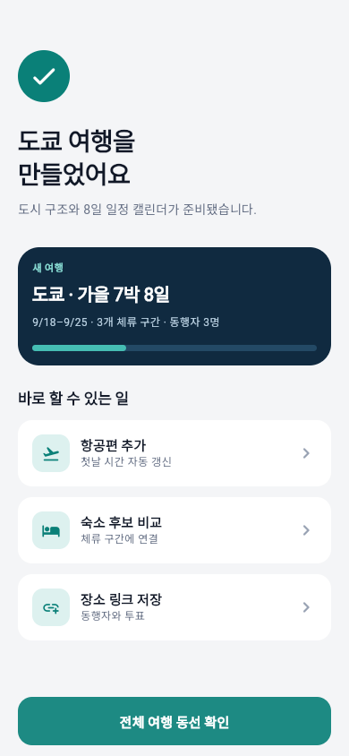도쿄 가을 7박 8일 여행 생성 완료 화면